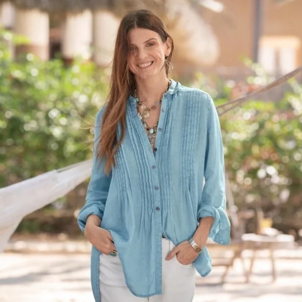 Sundance Katina Tunic Shirt Women's Medium Blue Linen Pintuck Chambray Lagenlook